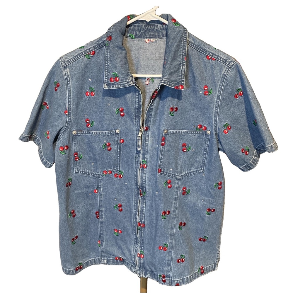 Quacker Factory Vintage Denim Cherry Embroidered Bedazzled Top